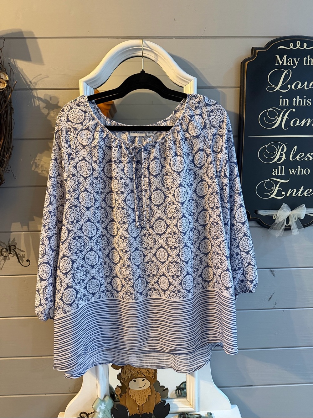 Kim Rogers Blue & White Patterned Peasant Blouse
